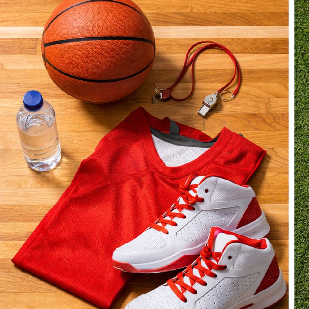 Basketball, red shorts, white sneakers with red laces, water bottle, and whistle on a wooden surface.