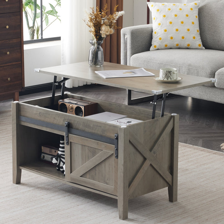 Lift Top Coffee Table 36" Farmhouse Rustic Wood Hidden Storage & Sliding Barn