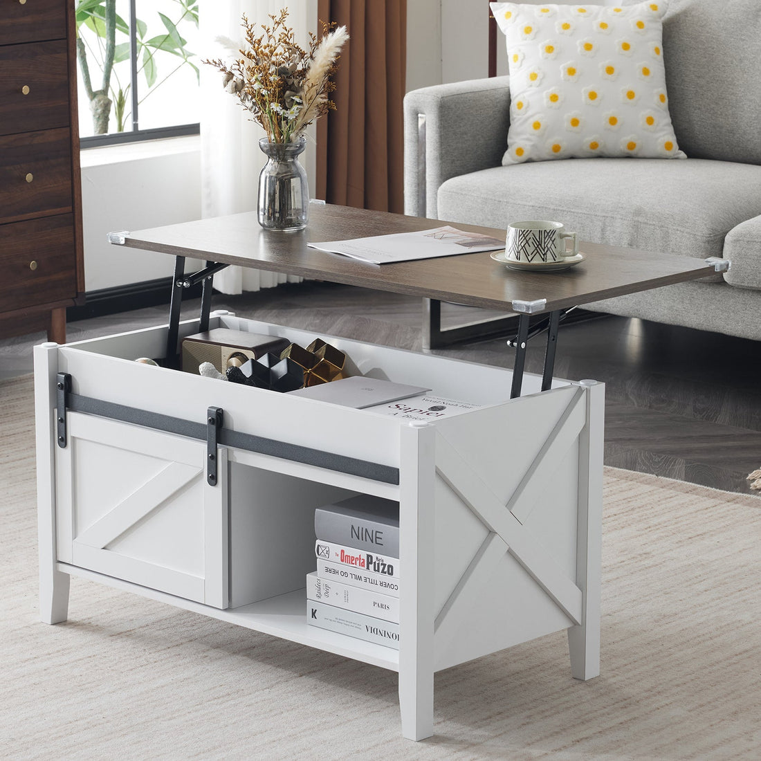 Lift Top Coffee Table 36" Farmhouse Rustic Wood Hidden Storage & Sliding Barn