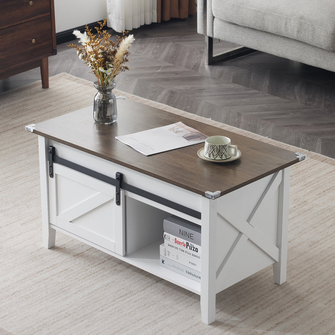 Lift Top Coffee Table 36" Farmhouse Rustic Wood Hidden Storage & Sliding Barn