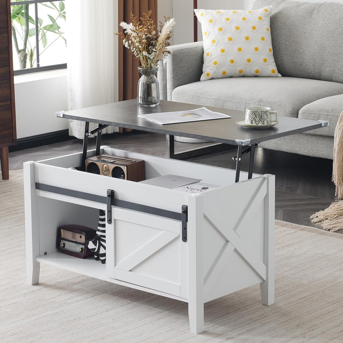 Lift Top Coffee Table 36" Farmhouse Rustic Wood Hidden Storage & Sliding Barn