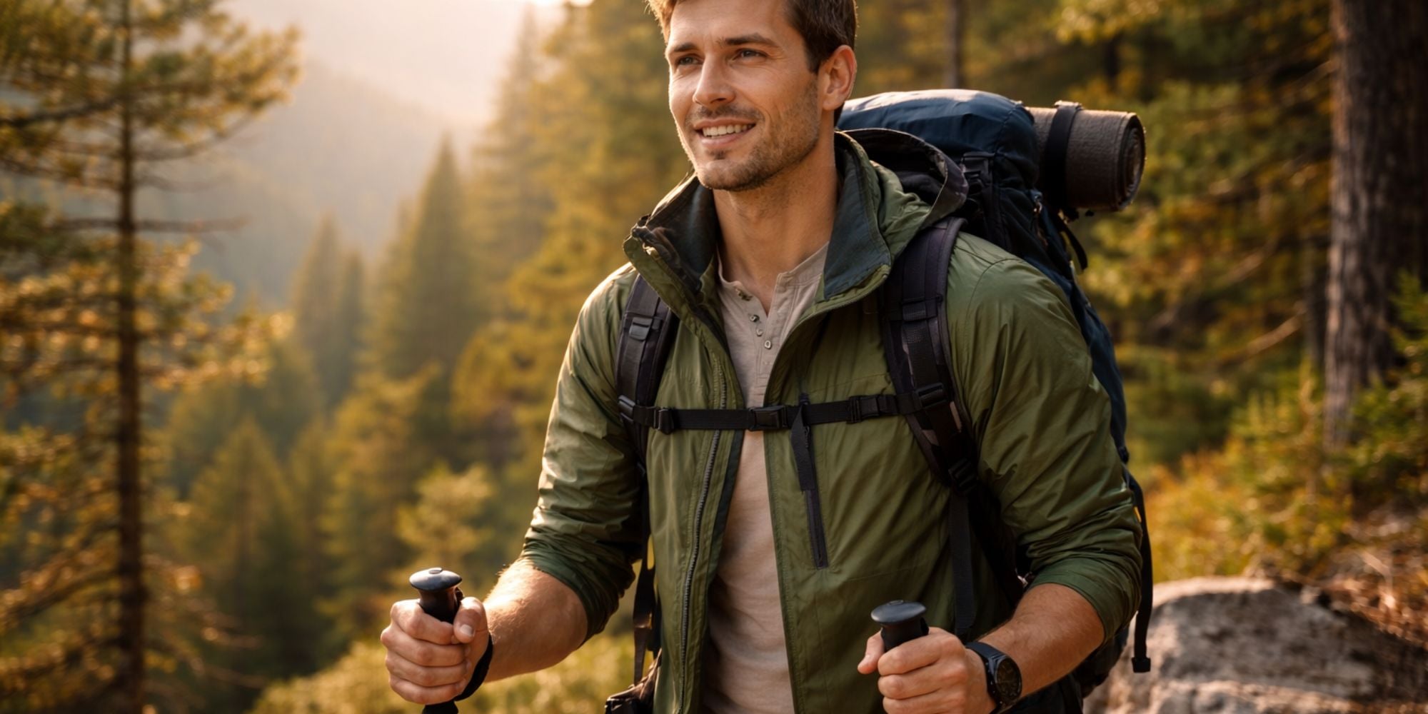 Man hiking in a forest with a backpack and walking sticks