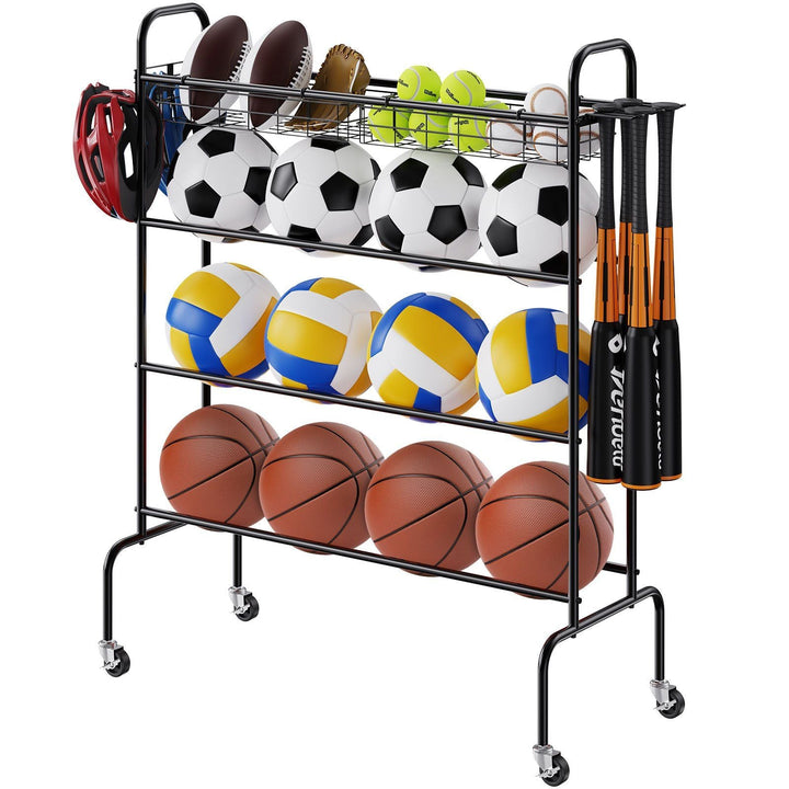 Basketball Rack, 4-Layers Rolling Basketball Shooting Training Stand, Sports Equipment Storage Organizer with Wheels, Hooks and Baskets, Garage Ball Storage Holder for Football Soccer Volleyball
